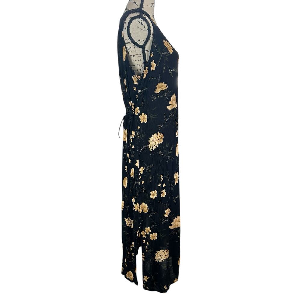 Vintage R&K Originals Dress Size 16 Black Tan Floral Crinkle Crepe Tie Back Maxi - Picture 4 of 10